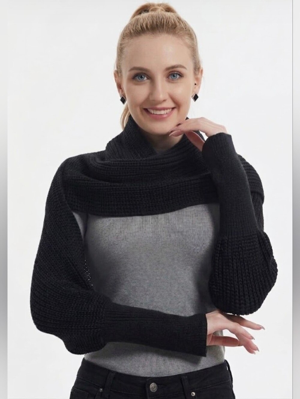 NWT CHIGANT Black Sweater Scarf With Sleeves For Women